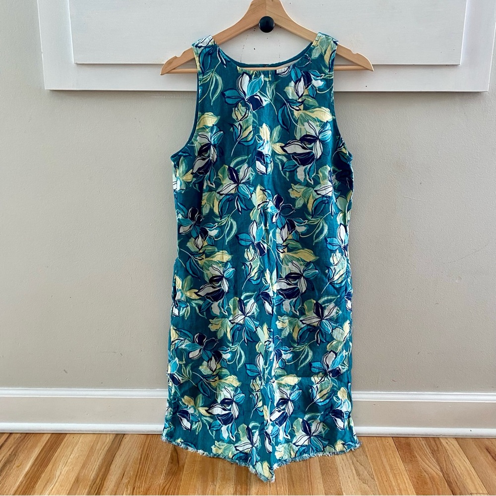 Garnet Hill Harborside Linen Fringe-Hem Dress Shift Green Floral Pockets Size 6